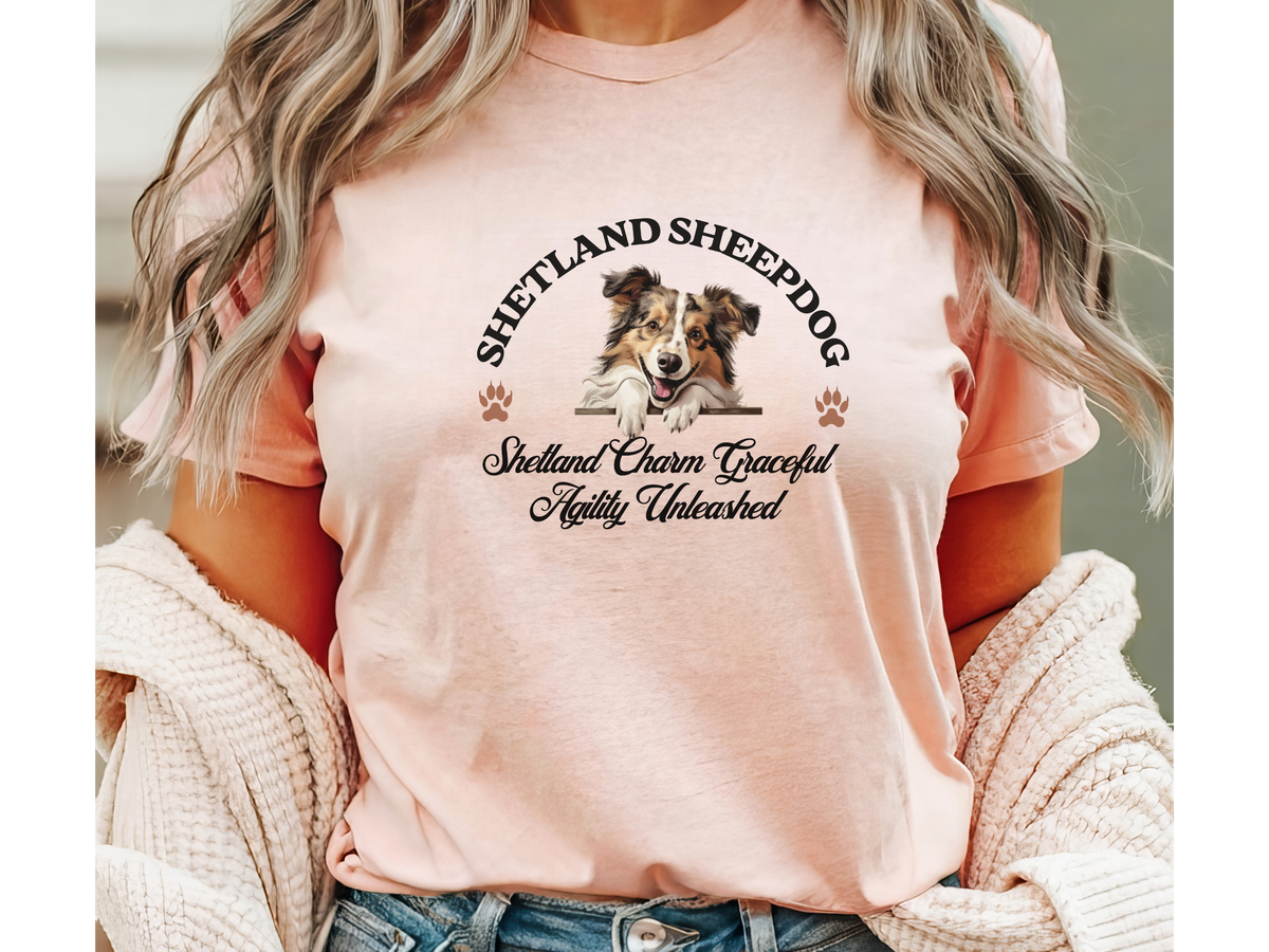 Shetland Sheepdog T-Shirt – Unisex Tee with “Shetland Charm, Graceful Agility Unleashed” | Sheltie Lover Gift