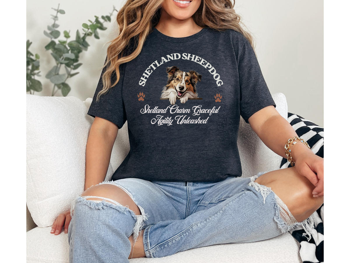 Shetland Sheepdog T-Shirt – Unisex Tee with “Shetland Charm, Graceful Agility Unleashed” | Sheltie Lover Gift