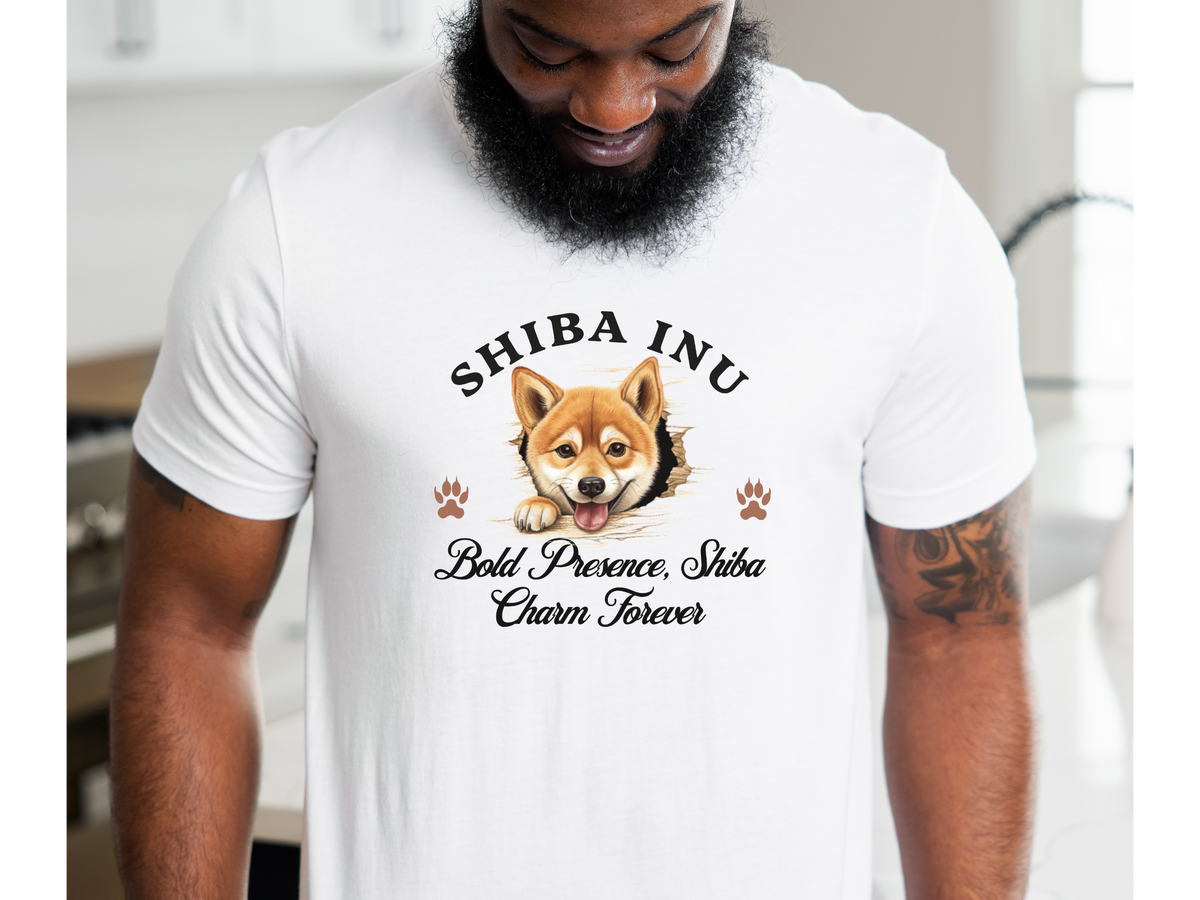 Shiba Inu T-Shirt – Unisex Tee with “Bold Presence, Shiba Charm Forever” | Cute Dog Lover Gift for Shiba Fans