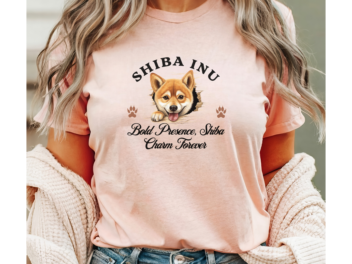 Shiba Inu T-Shirt – Unisex Tee with “Bold Presence, Shiba Charm Forever” | Cute Dog Lover Gift for Shiba Fans