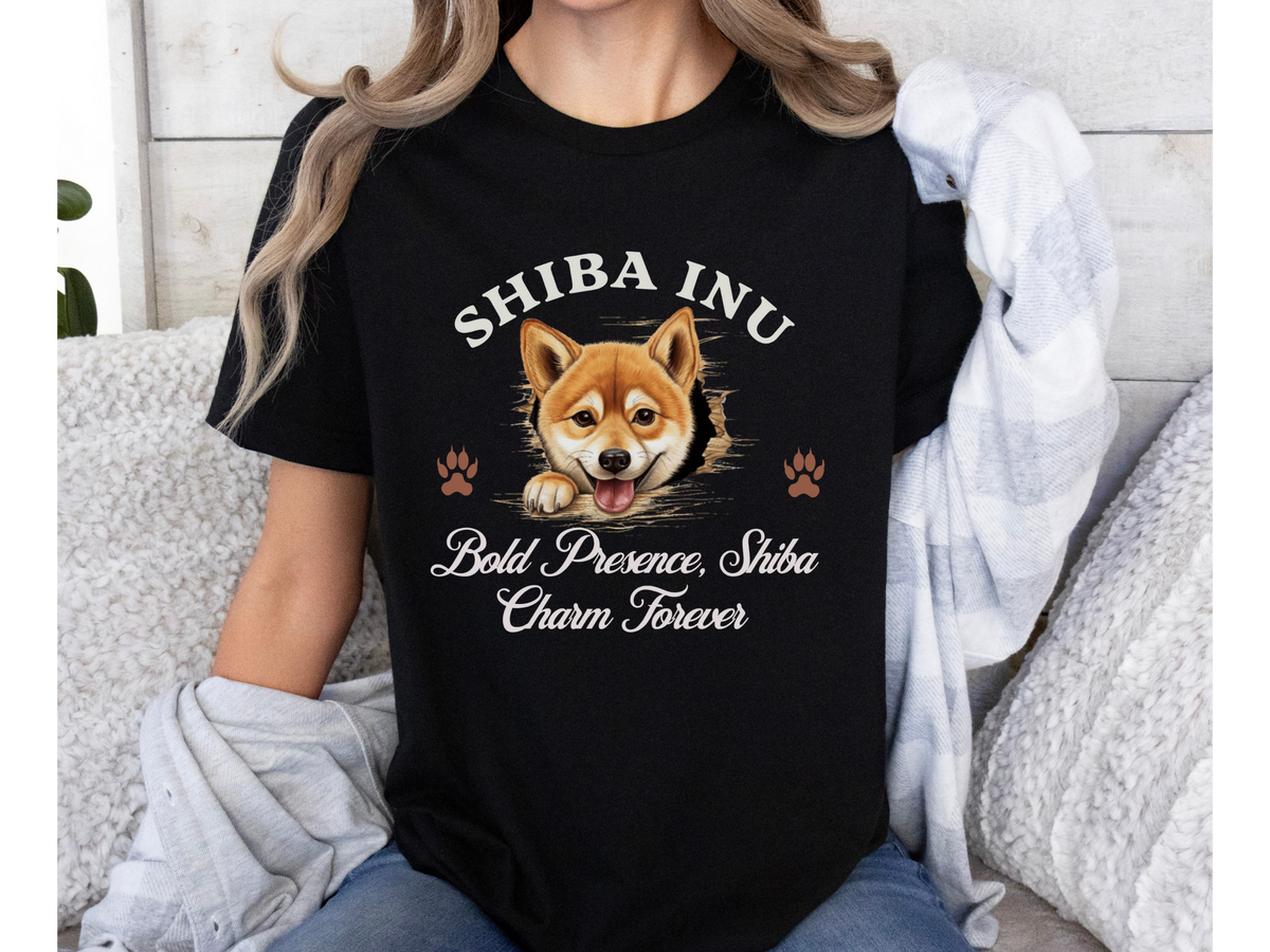 Shiba Inu T-Shirt – Unisex Tee with “Bold Presence, Shiba Charm Forever” | Cute Dog Lover Gift for Shiba Fans