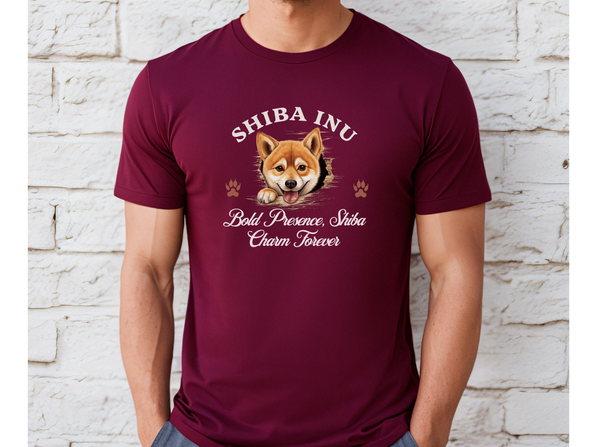 Shiba Inu T-Shirt – Unisex Tee with “Bold Presence, Shiba Charm Forever” | Cute Dog Lover Gift for Shiba Fans