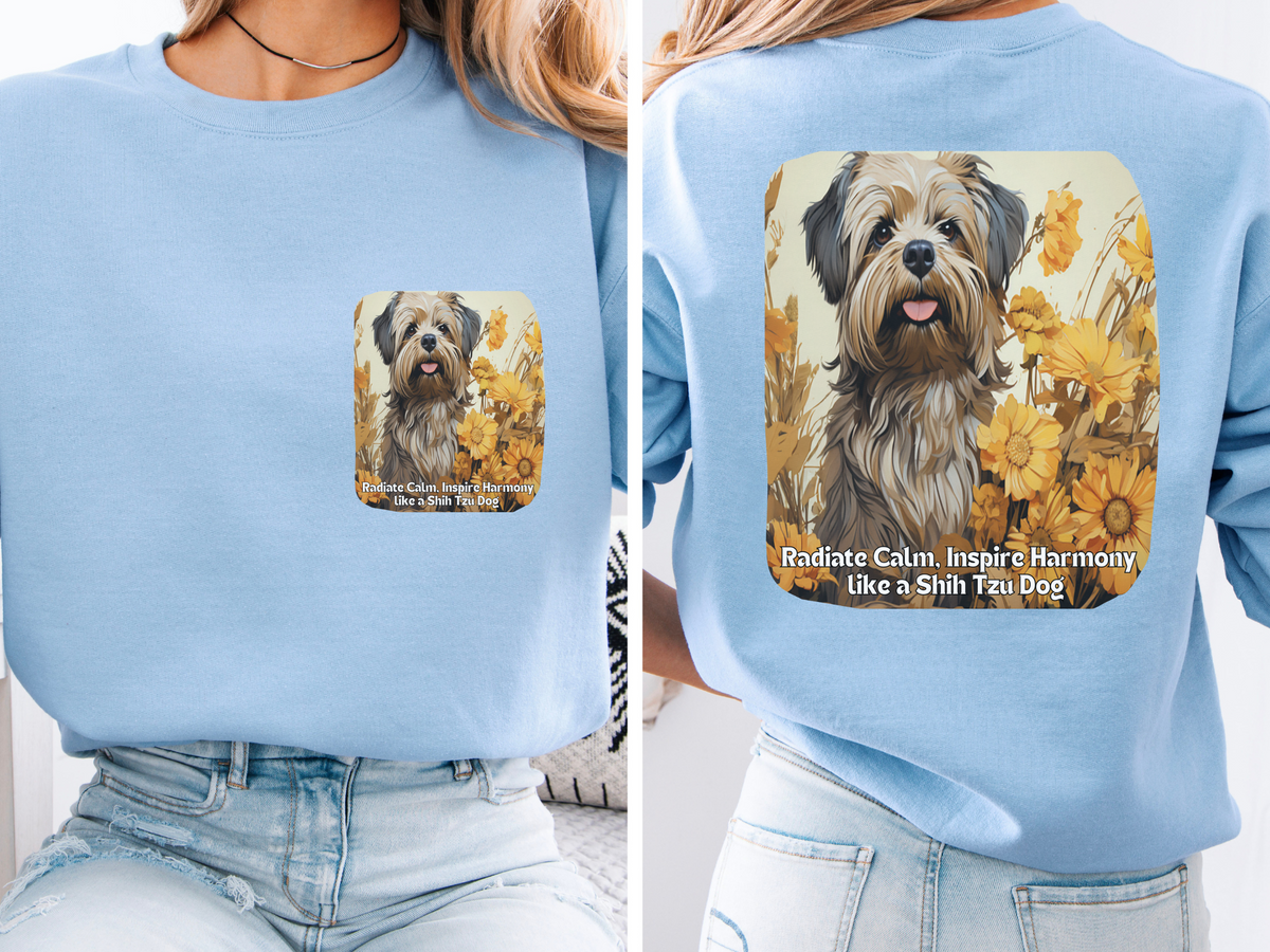 Shih Tzu Serenity Dog Sweatshirt - 'Radiate Calm, Inspire Harmony' - Sunflower Dog Lover Hoodie (Front & Back Print)"