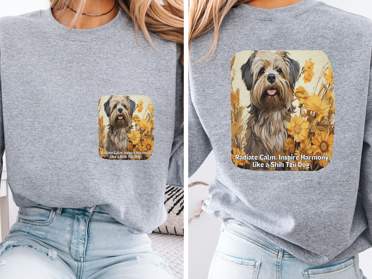 Shih Tzu Serenity Dog Sweatshirt - 'Radiate Calm, Inspire Harmony' - Sunflower Dog Lover Hoodie (Front & Back Print)"