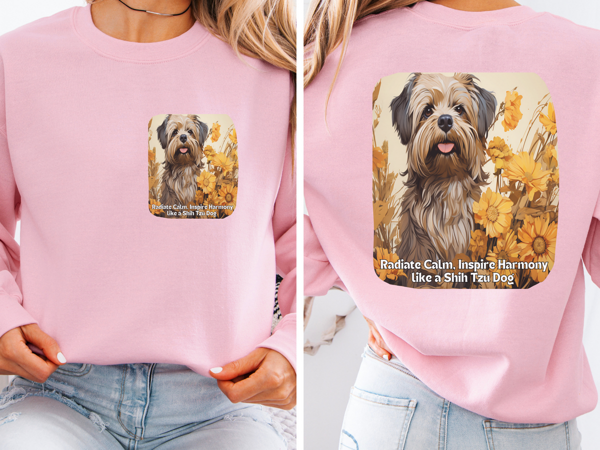 Shih Tzu Serenity Dog Sweatshirt - 'Radiate Calm, Inspire Harmony' - Sunflower Dog Lover Hoodie (Front & Back Print)"