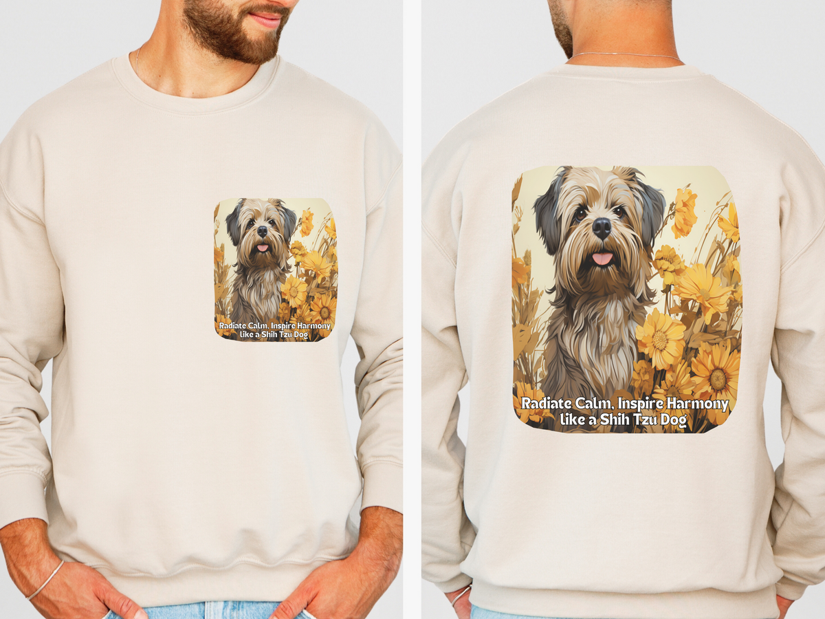 Shih Tzu Serenity Dog Sweatshirt - 'Radiate Calm, Inspire Harmony' - Sunflower Dog Lover Hoodie (Front & Back Print)"