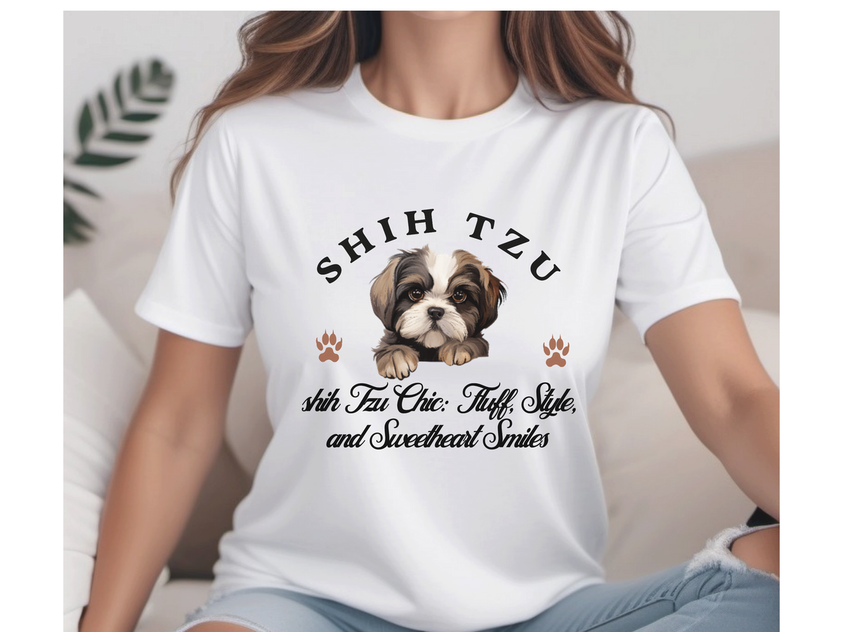 Shih Tzu T-Shirt – Unisex Tee with “Shih Tzu Chic: Fluff, Style, and Sweetheart Smiles” | Cute Fluffy Dog Lover Gift