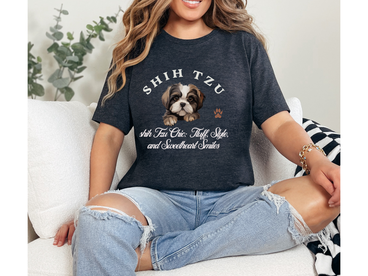 Shih Tzu T-Shirt – Unisex Tee with “Shih Tzu Chic: Fluff, Style, and Sweetheart Smiles” | Cute Fluffy Dog Lover Gift