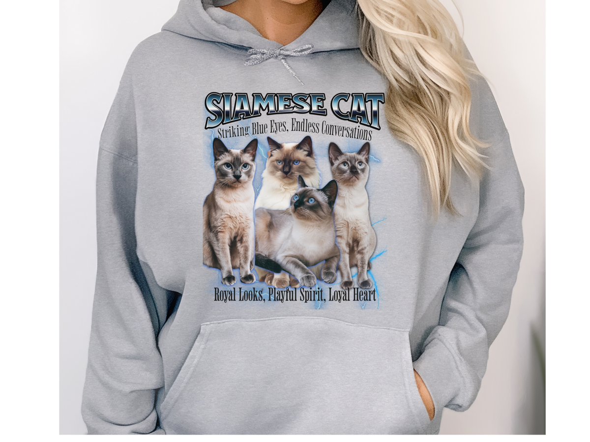 Siamese Cat Hoodie – Unisex Bootleg Collage Sweatshirt | Striking Blue Eyes, Endless Conversations!
