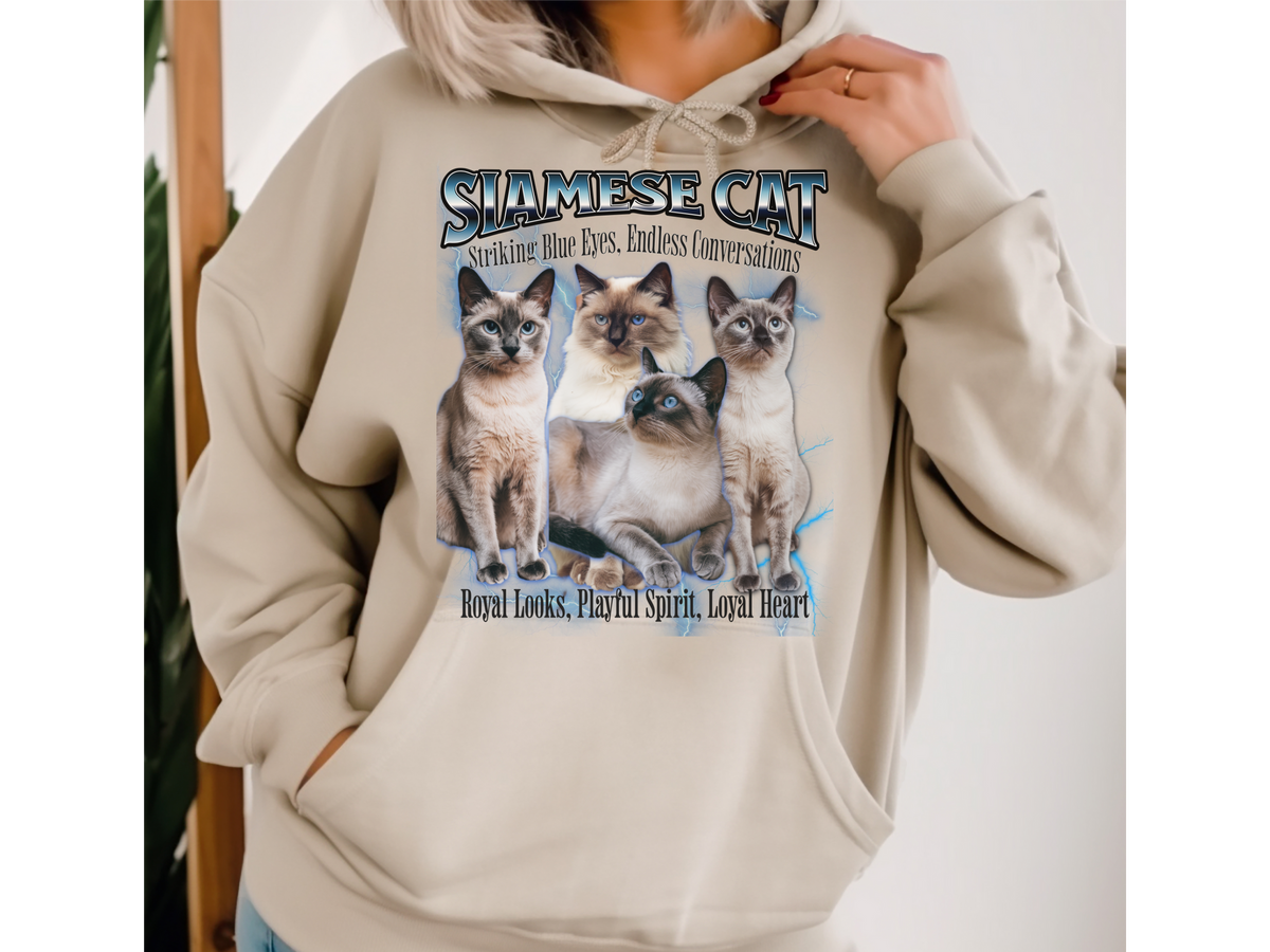 Siamese Cat Hoodie – Unisex Bootleg Collage Sweatshirt | Striking Blue Eyes, Endless Conversations!