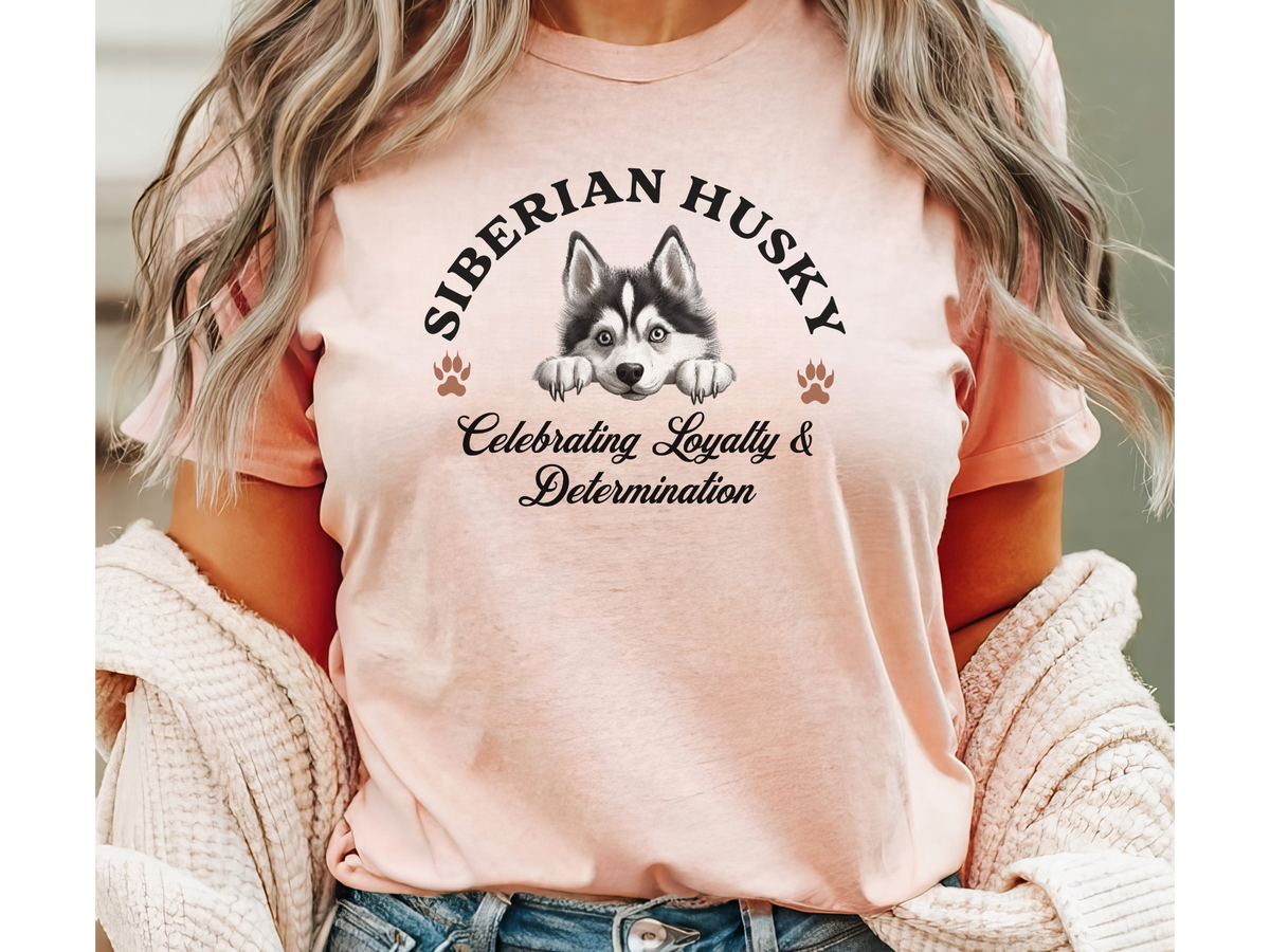 Siberian Husky T-Shirt – Unisex Tee with “Celebrating Loyalty & Determination” Slogan | Bold Dog Lover Gift