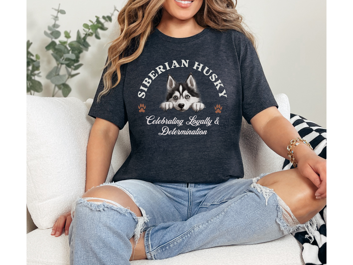 Siberian Husky T-Shirt – Unisex Tee with “Celebrating Loyalty & Determination” Slogan | Bold Dog Lover Gift