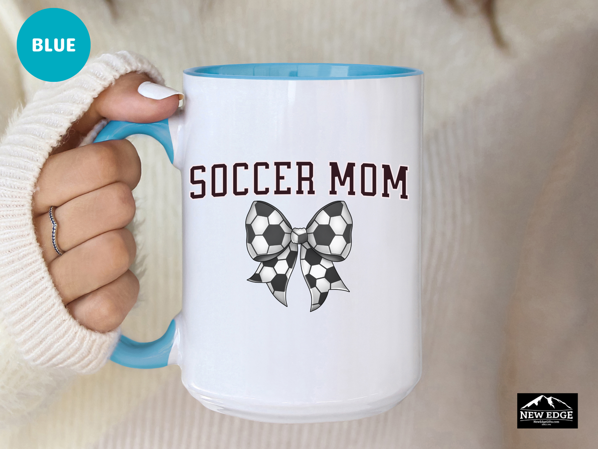 Soccer Mom Letters Coffee Mug with Soccer Ball Coquette Bow – 11oz & 15oz Accent Mug – Cute Sports Mom Gift for Soccer Lovers