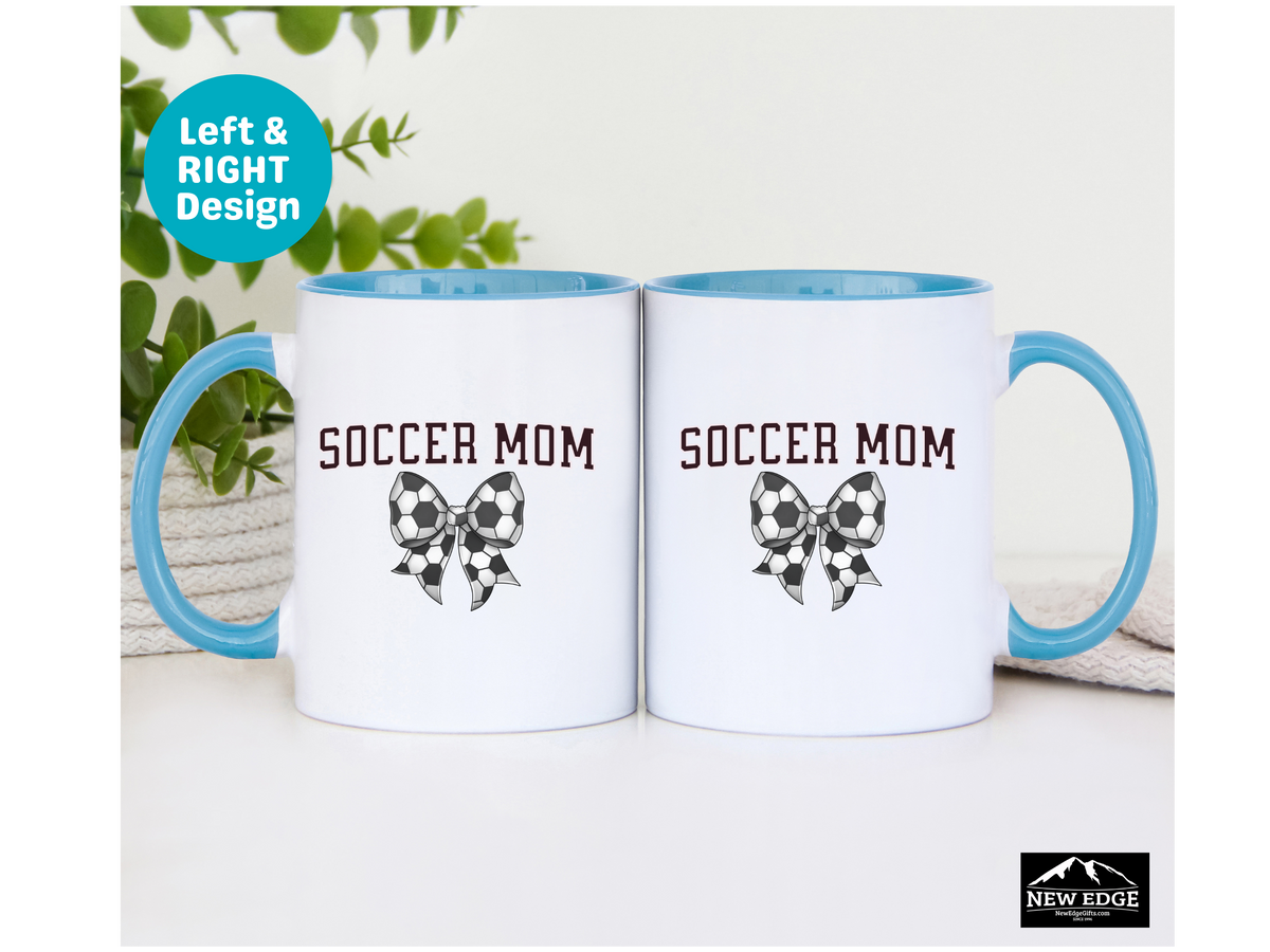 Soccer Mom Letters Coffee Mug with Soccer Ball Coquette Bow – 11oz & 15oz Accent Mug – Cute Sports Mom Gift for Soccer Lovers