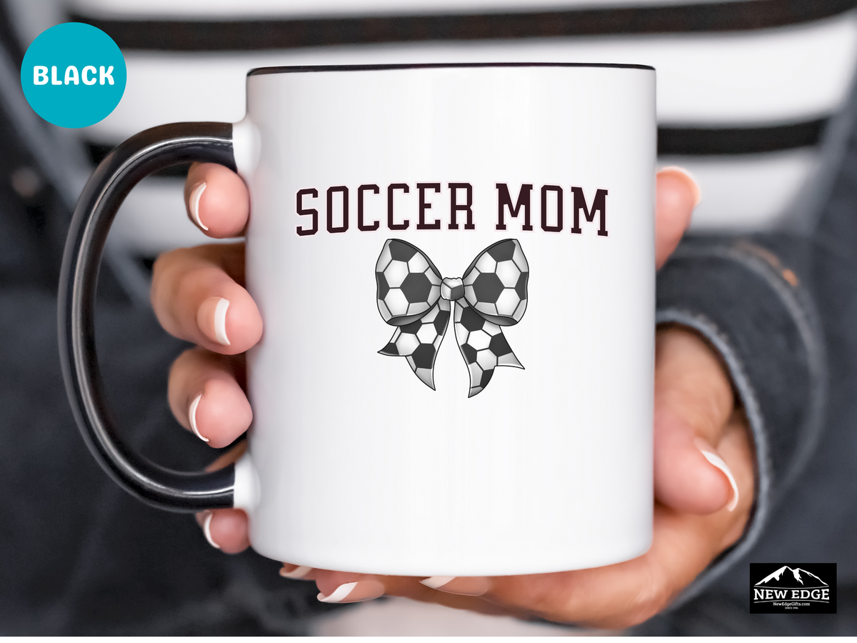 Soccer Mom Letters Coffee Mug with Soccer Ball Coquette Bow – 11oz & 15oz Accent Mug – Cute Sports Mom Gift for Soccer Lovers
