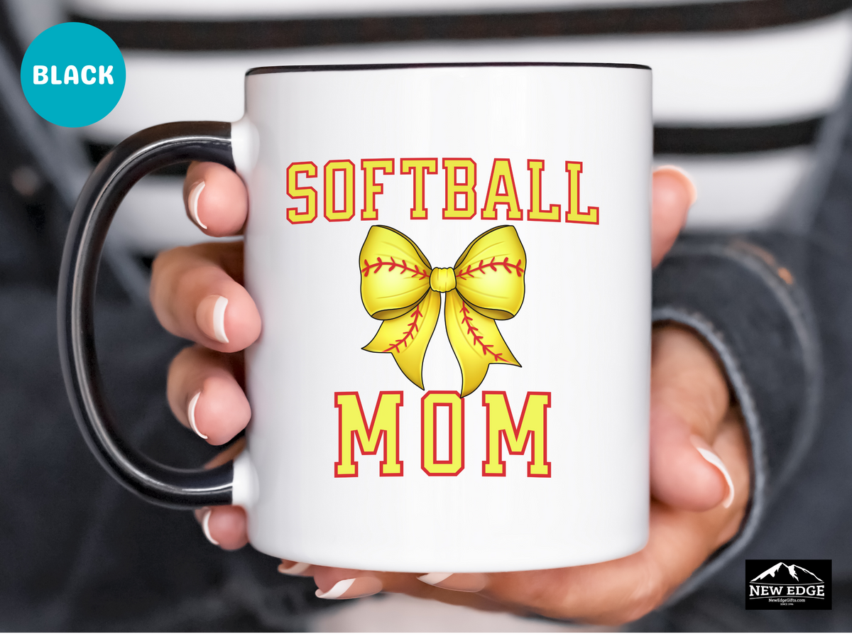 Softball Mom Letters Coffee Mug with Softball Coquette Bow – 11oz & 15oz Accent Mug – Cute Sports Mom Gift for Softball Fans
