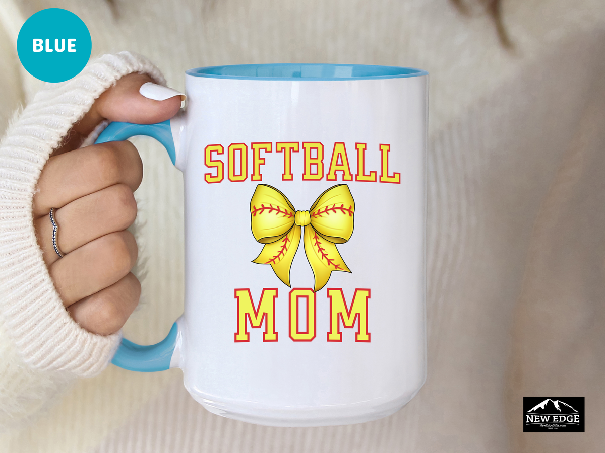 Softball Mom Letters Coffee Mug with Softball Coquette Bow – 11oz & 15oz Accent Mug – Cute Sports Mom Gift for Softball Fans