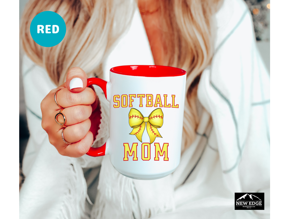 Softball Mom Letters Coffee Mug with Softball Coquette Bow – 11oz & 15oz Accent Mug – Cute Sports Mom Gift for Softball Fans