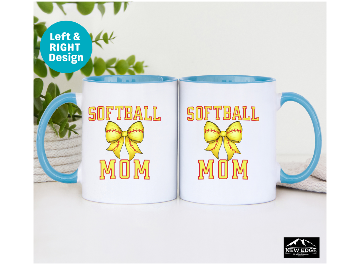 Softball Mom Letters Coffee Mug with Softball Coquette Bow – 11oz & 15oz Accent Mug – Cute Sports Mom Gift for Softball Fans