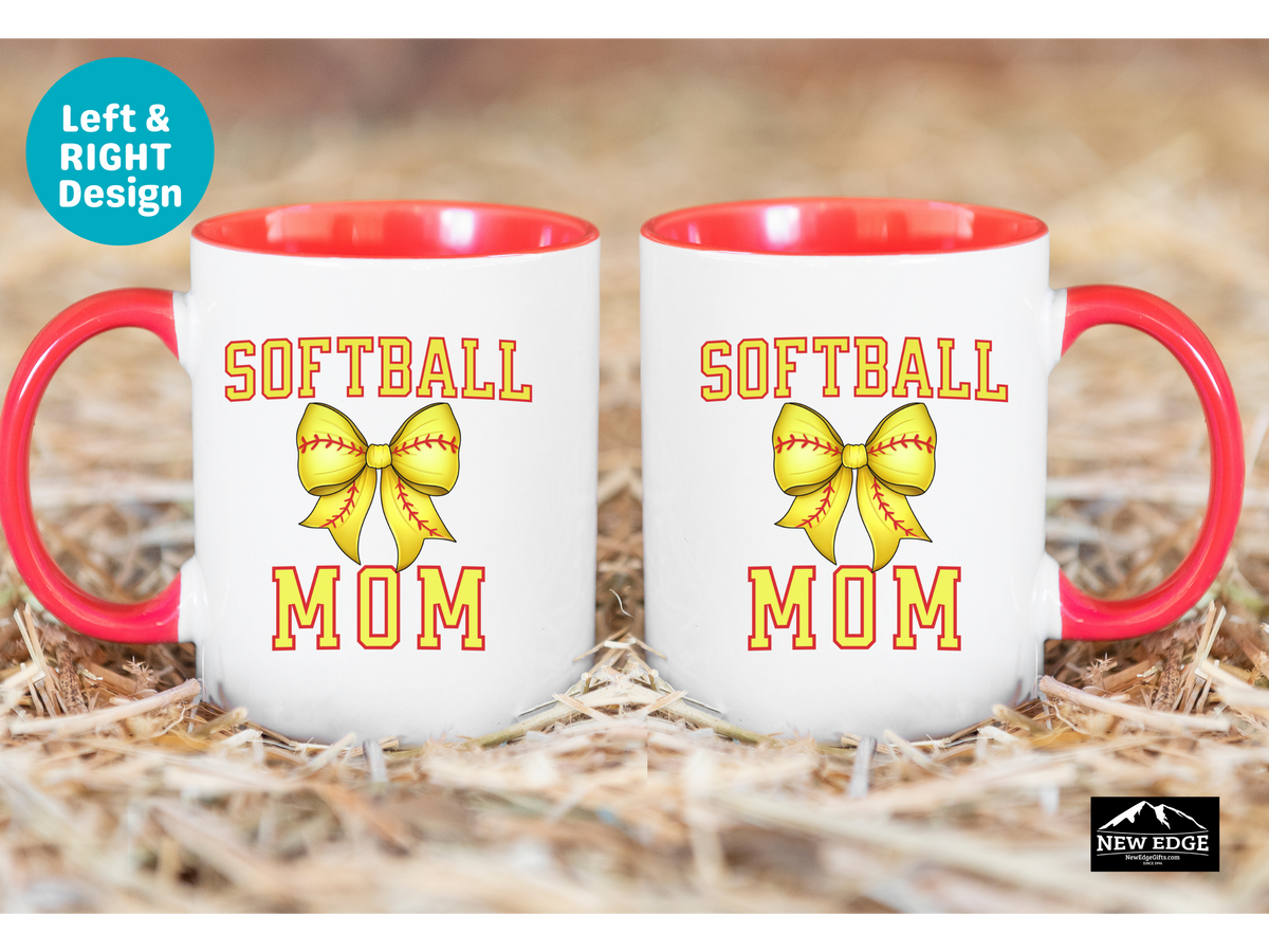 Softball Mom Letters Coffee Mug with Softball Coquette Bow – 11oz & 15oz Accent Mug – Cute Sports Mom Gift for Softball Fans
