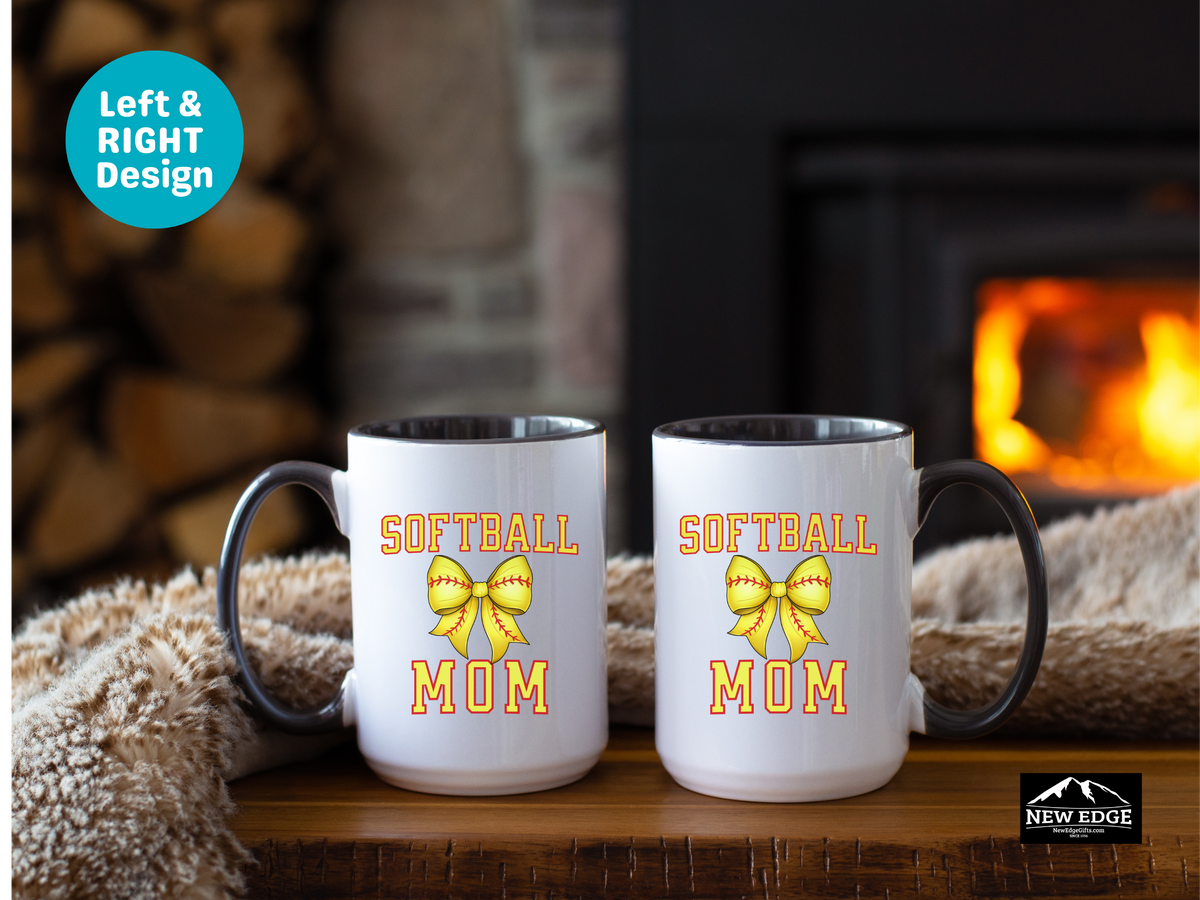 Softball Mom Letters Coffee Mug with Softball Coquette Bow – 11oz & 15oz Accent Mug – Cute Sports Mom Gift for Softball Fans