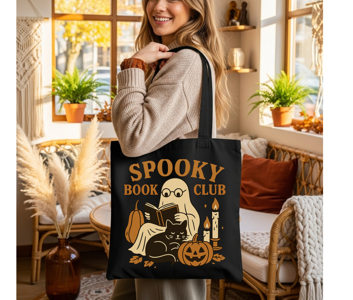 Spooky Book Club Halloween Tote Bag – Ghost Reading Book Cotton Canvas Bag, Funny Book Lover Gift, Fall Library Tote, Gothic Aesthetic Bag