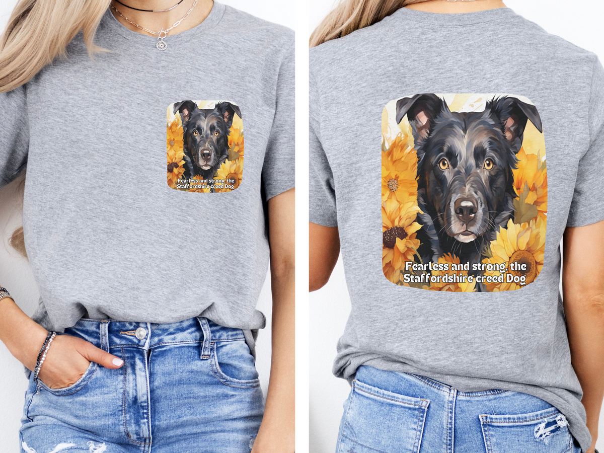 Staffordshire  Sunflower T-Shirt – 'Fearless and Strong, the Staffordshire Creed' – Front & Back Design – Powerful & Loyal Dog Lover Tee