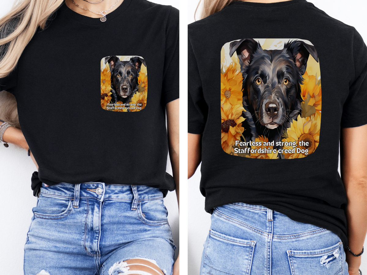 Staffordshire  Sunflower T-Shirt – 'Fearless and Strong, the Staffordshire Creed' – Front & Back Design – Powerful & Loyal Dog Lover Tee