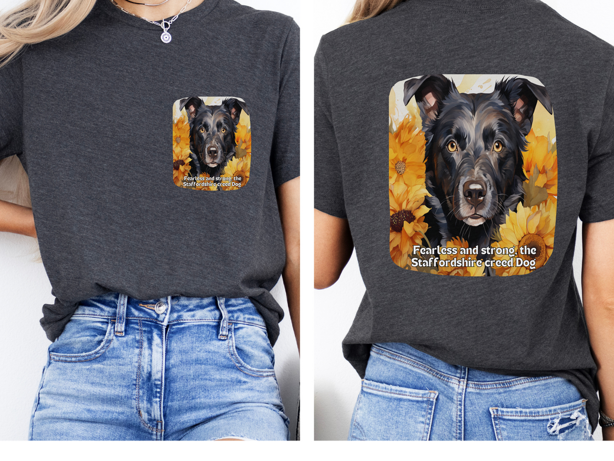 Staffordshire  Sunflower T-Shirt – 'Fearless and Strong, the Staffordshire Creed' – Front & Back Design – Powerful & Loyal Dog Lover Tee