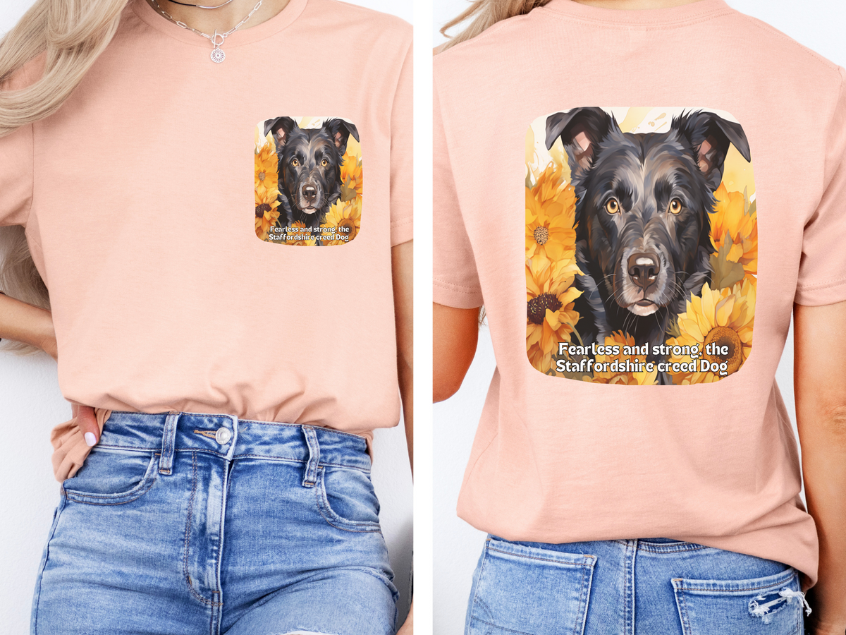 Staffordshire  Sunflower T-Shirt – 'Fearless and Strong, the Staffordshire Creed' – Front & Back Design – Powerful & Loyal Dog Lover Tee