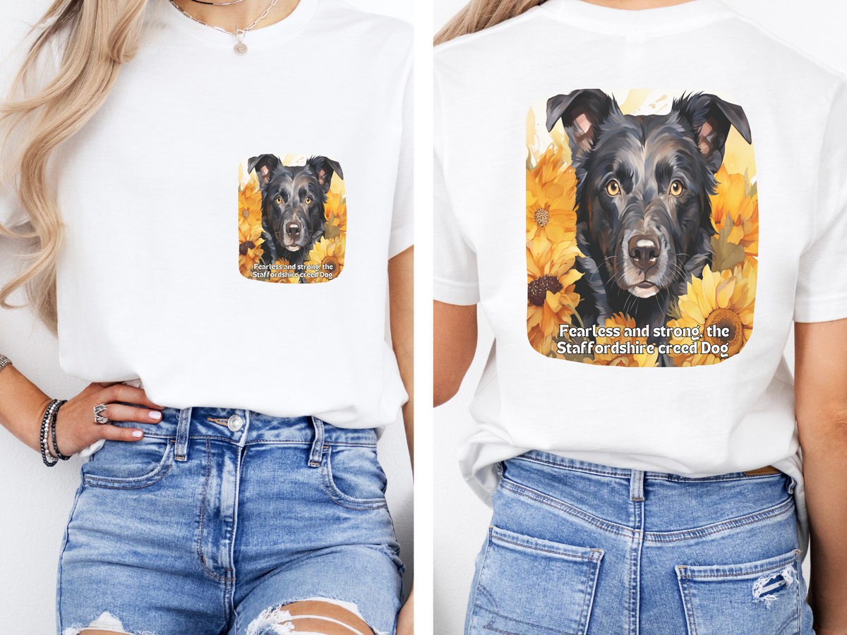 Staffordshire  Sunflower T-Shirt – 'Fearless and Strong, the Staffordshire Creed' – Front & Back Design – Powerful & Loyal Dog Lover Tee