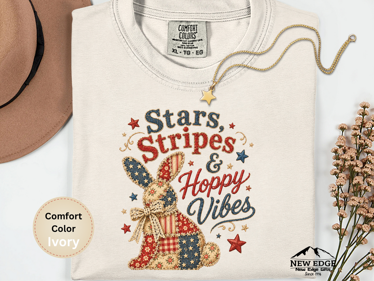 Stars Stripes and Hoppy Vibes Faux Patchwork Comfort Colors T Shirt Patriotic Bunny Americana Graphic Tee