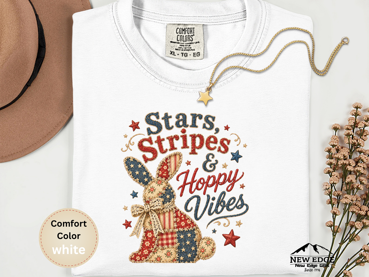 Stars Stripes and Hoppy Vibes Faux Patchwork Comfort Colors T Shirt Patriotic Bunny Americana Graphic Tee