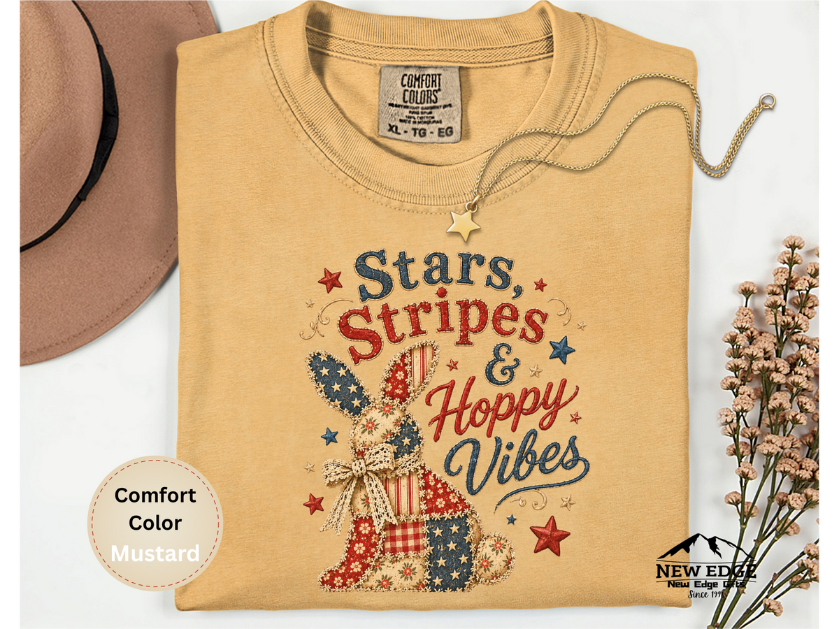 Stars Stripes and Hoppy Vibes Faux Patchwork Comfort Colors T Shirt Patriotic Bunny Americana Graphic Tee