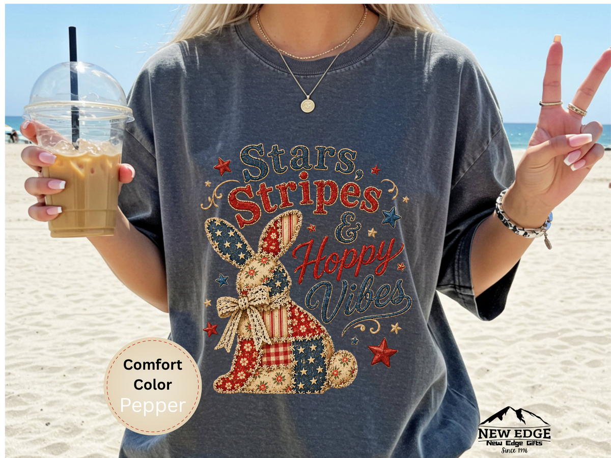 Stars Stripes and Hoppy Vibes Faux Patchwork Comfort Colors T Shirt Patriotic Bunny Americana Graphic Tee