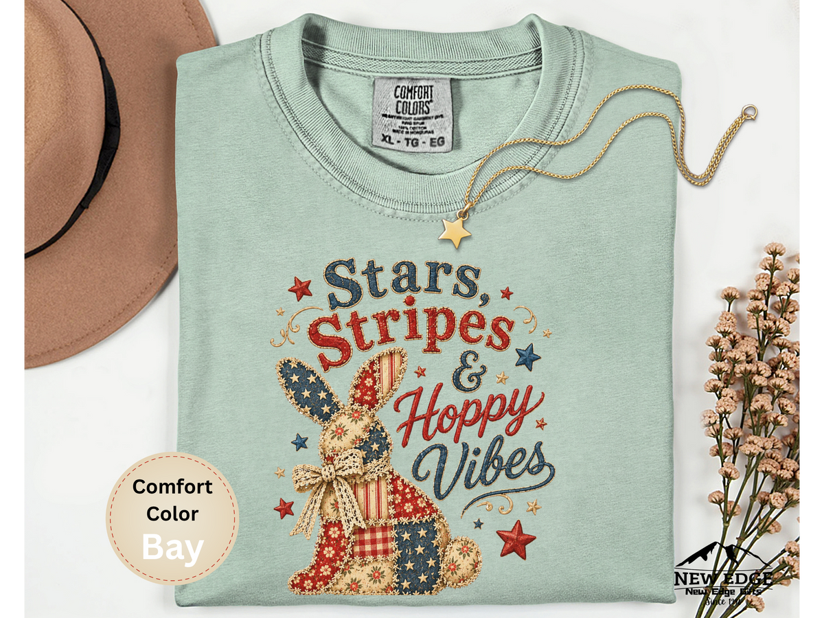 Stars Stripes and Hoppy Vibes Faux Patchwork Comfort Colors T Shirt Patriotic Bunny Americana Graphic Tee