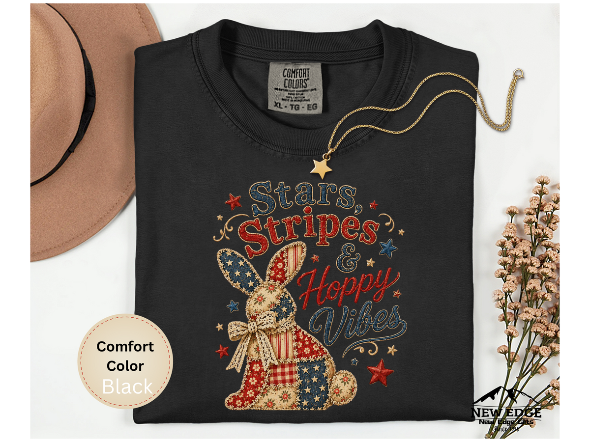 Stars Stripes and Hoppy Vibes Faux Patchwork Comfort Colors T Shirt Patriotic Bunny Americana Graphic Tee