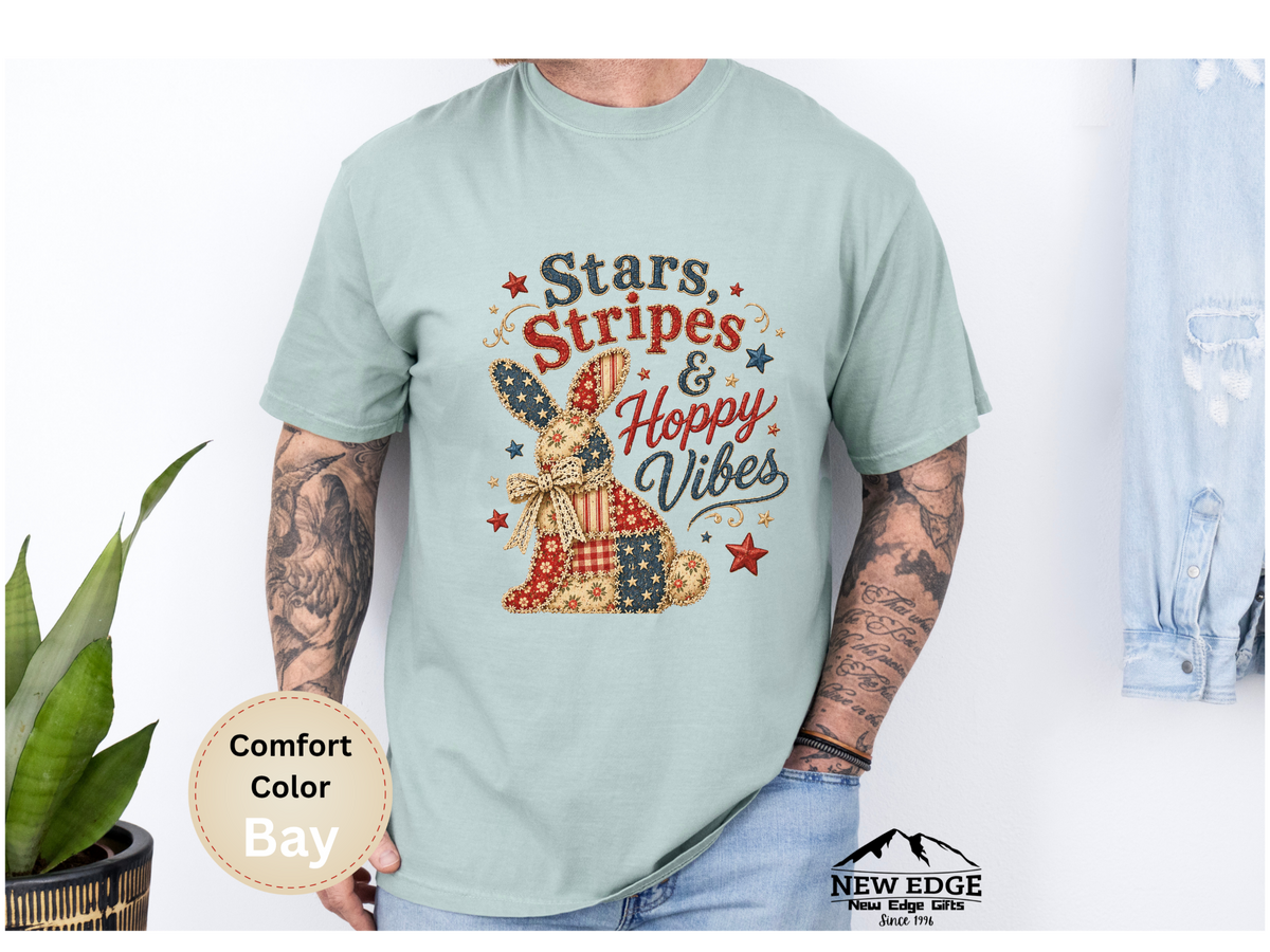 Stars Stripes and Hoppy Vibes Faux Patchwork Comfort Colors T Shirt Patriotic Bunny Americana Graphic Tee