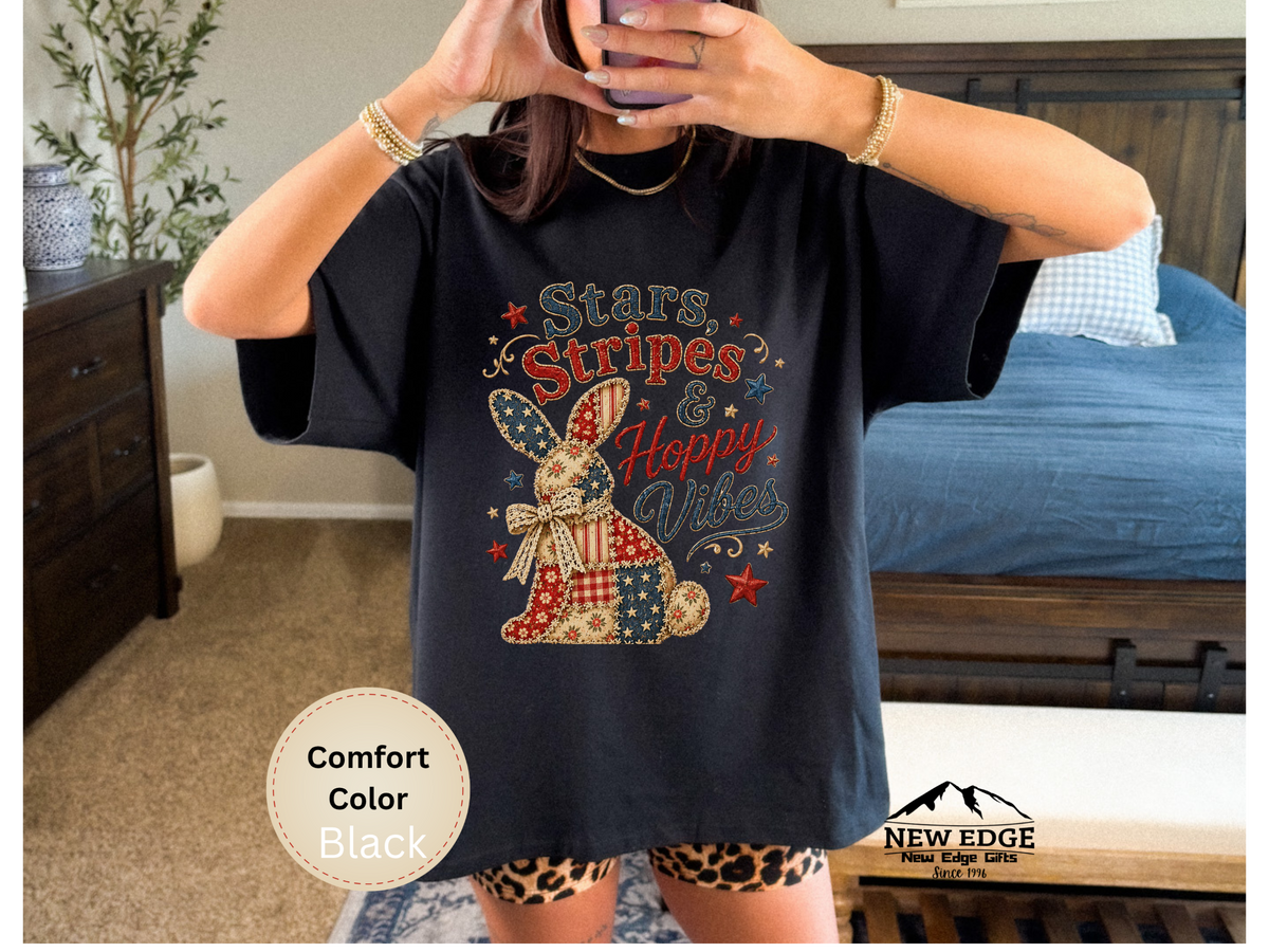 Stars Stripes and Hoppy Vibes Faux Patchwork Comfort Colors T Shirt Patriotic Bunny Americana Graphic Tee