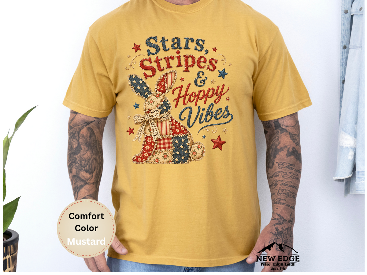 Stars Stripes and Hoppy Vibes Faux Patchwork Comfort Colors T Shirt Patriotic Bunny Americana Graphic Tee