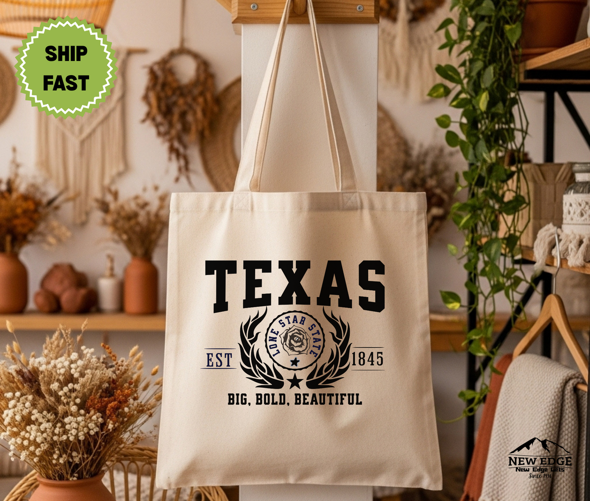 Texas State Big, Bold, Beautiful Cotton Canvas Tote Bag – Eco-Friendly Reusable Shopping Tote, Travel Gift & Lone Star State Pride Bag