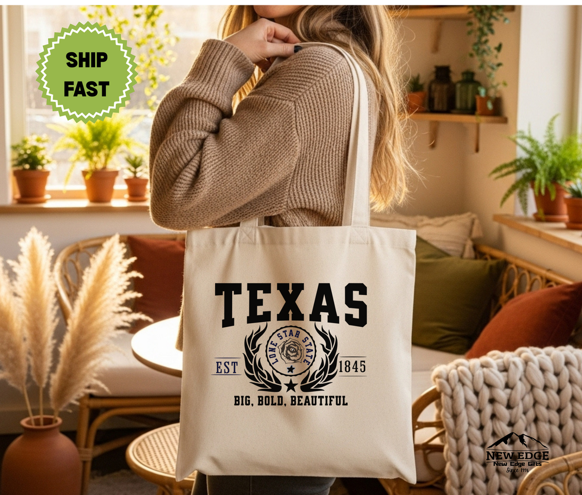 Texas State Big, Bold, Beautiful Cotton Canvas Tote Bag – Eco-Friendly Reusable Shopping Tote, Travel Gift & Lone Star State Pride Bag