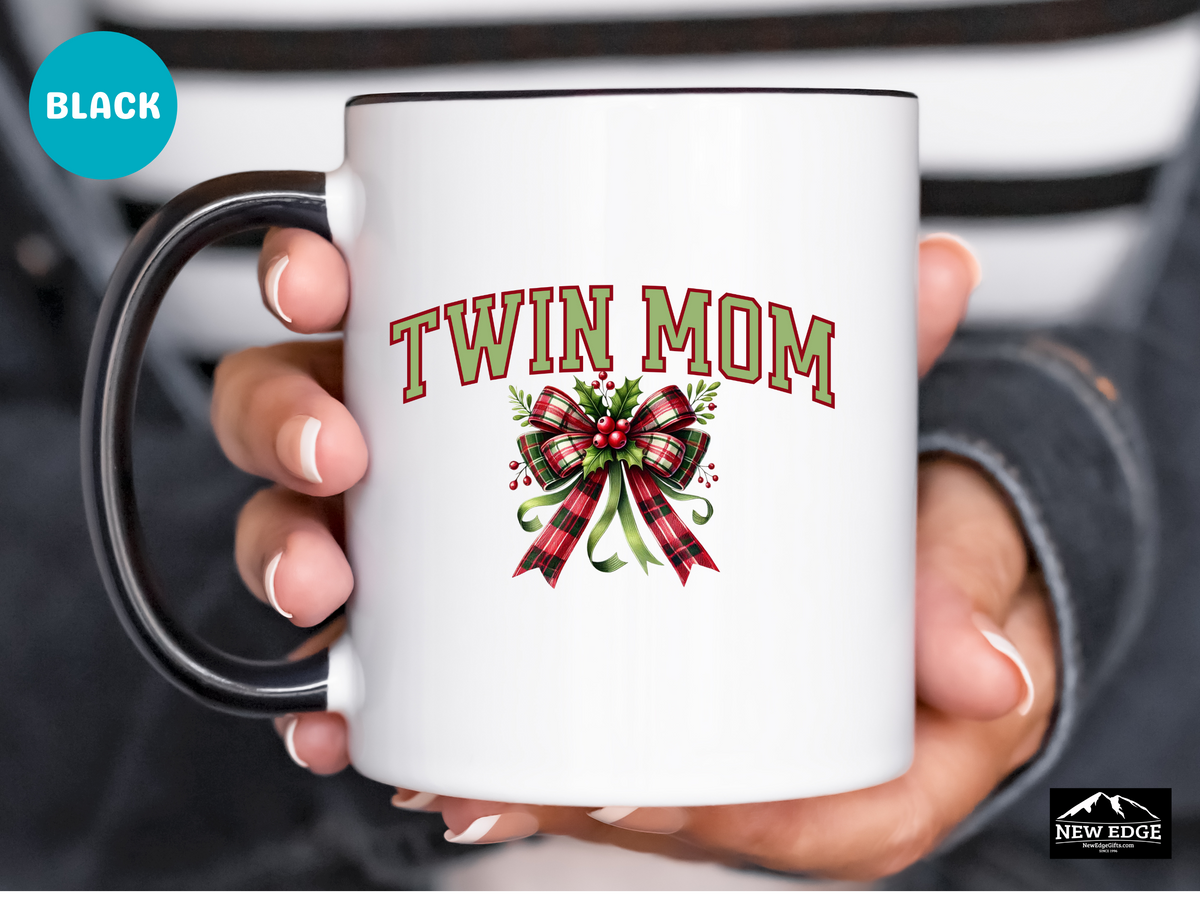 Twin Mom Christmas Coffee Mug with Coquette Bow and Mistletoe – 11oz & 15oz Accent Mug – Festive Holiday Gift for Moms of Twins