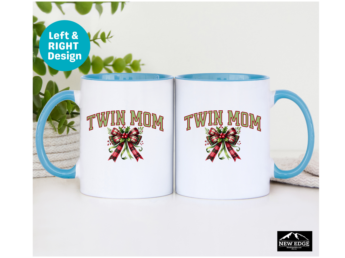 Twin Mom Christmas Coffee Mug with Coquette Bow and Mistletoe – 11oz & 15oz Accent Mug – Festive Holiday Gift for Moms of Twins