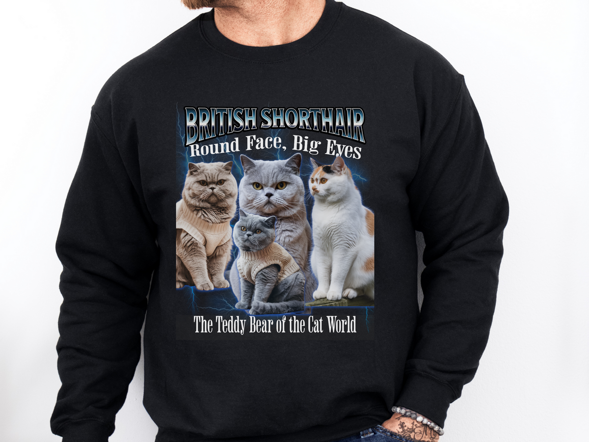 Unisex British Shorthair Cat Bootleg Collage Sweatshirt – “Round Face, Big Eyes” Retro Cat Lover Pullover