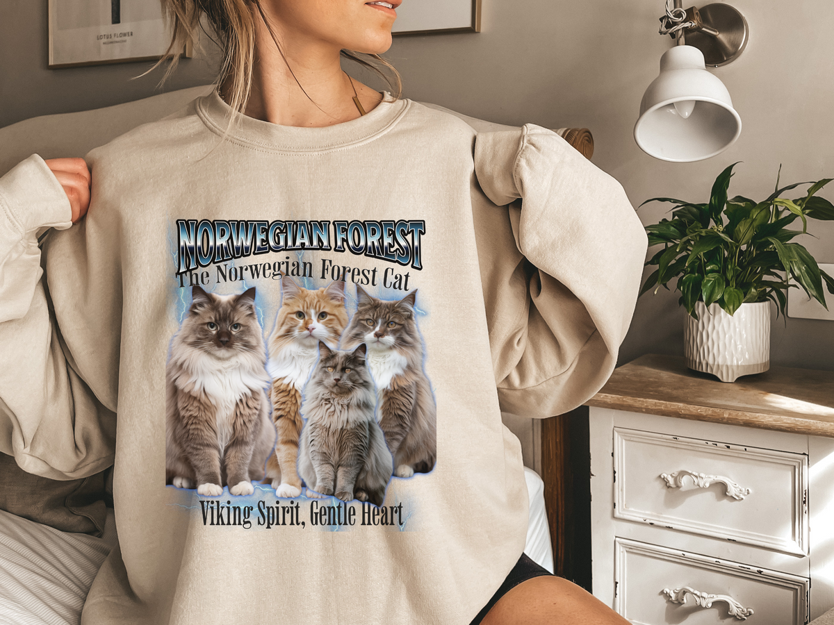 Unisex Norwegian Forest Cat Bootleg Collage Sweatshirt – “The Norwegian Forest Cat” Cozy Retro Feline Pullover