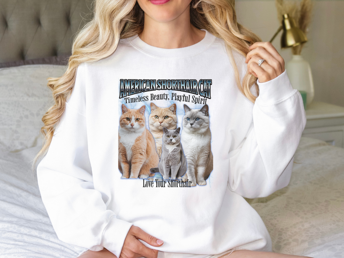 Unisex American Shorthair Cat Bootleg Collage Sweatshirt – “Fluff, Charm, and a Whole Lot of Cattitude” Vintage-Style Feline Pullover
