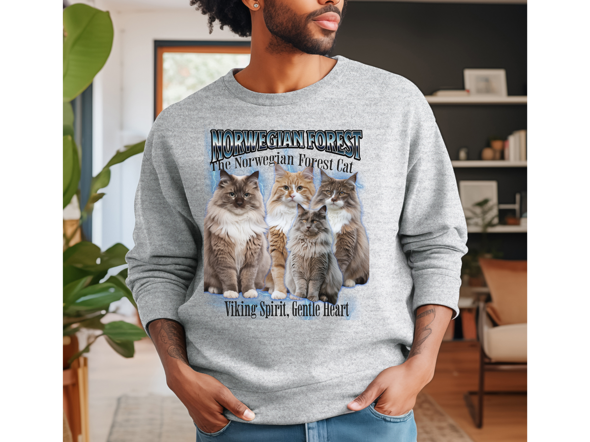 Unisex Norwegian Forest Cat Bootleg Collage Sweatshirt – “The Norwegian Forest Cat” Cozy Retro Feline Pullover
