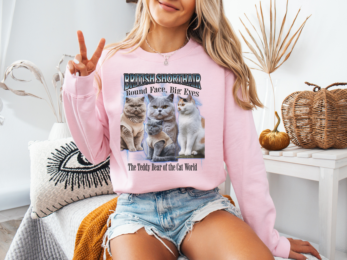 Unisex British Shorthair Cat Bootleg Collage Sweatshirt – “Round Face, Big Eyes” Retro Cat Lover Pullover