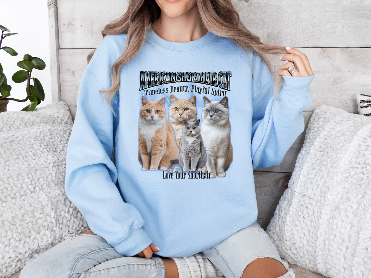 Unisex American Shorthair Cat Bootleg Collage Sweatshirt – “Fluff, Charm, and a Whole Lot of Cattitude” Vintage-Style Feline Pullover